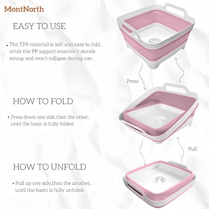 Collapsible Wash Basin 9L, Foldable Dish Tub with Drain Plug, Portable Collapsible Dish Basin, Camping Sink for Washing Dishes, Laundry & Kitchen Use (Pink)