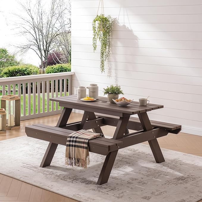 Psilvam Picnic Table - Heavy Duty Poly Lumber with Umbrella Hole & Integrated Benches, 100% Waterproof All-Weather for Patio, Garden (Brown)