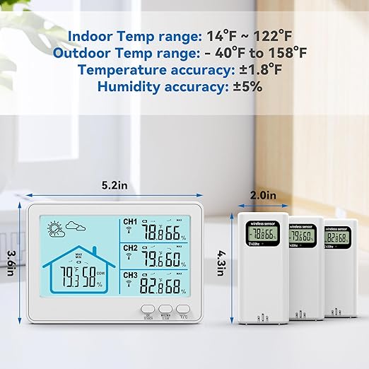 Indoor Outdoor Thermometer Wireless, 5 Inch Display Digital Hygrometer Thermometer Temperature Humidity Monitor with 328ft Range Sensor and Weather Station