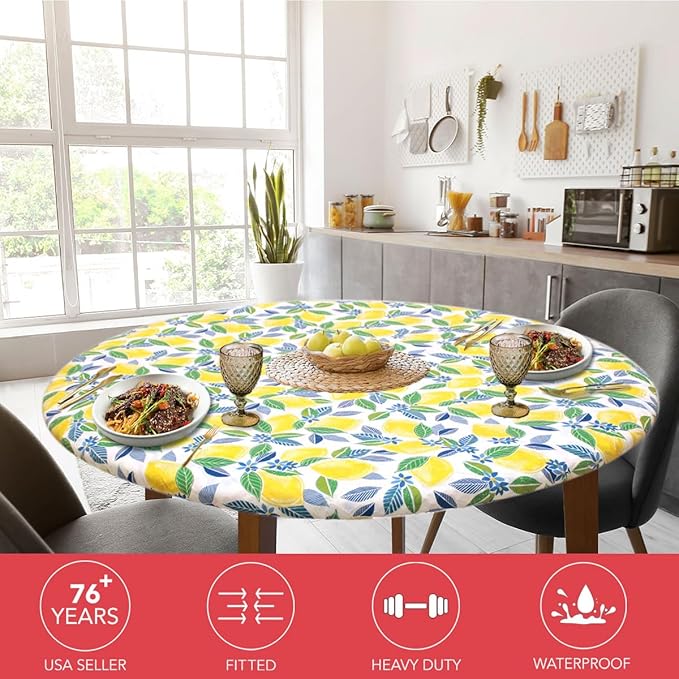 LAMINET Elastic Fitted Table Cover - Contemporary Lemon - Small Round - Fits Tables up to 44 Diameter