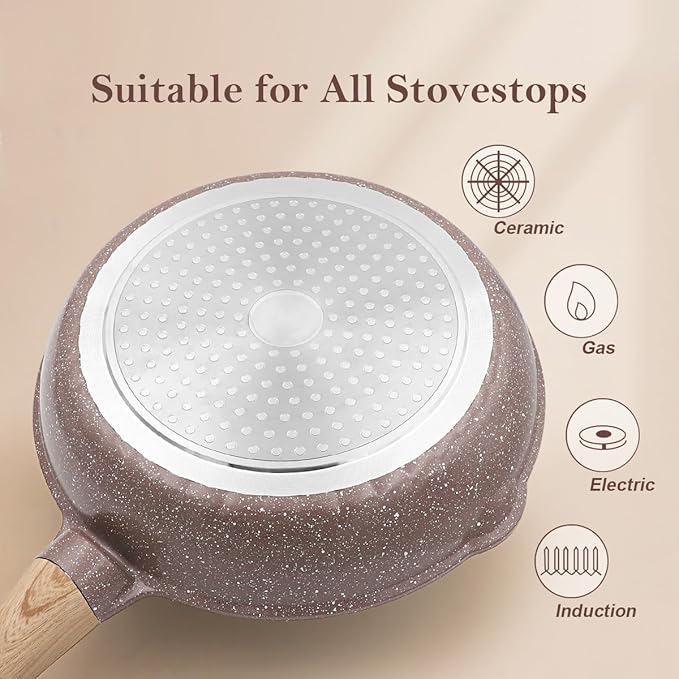 Nonstick Ceramic Deep Frying Pan Set, 10" and 11" Healthy Frying Pan Skillet Set with Removable Handle, Oven Safe, PFAS PFOA & PTFE Free (Brown)