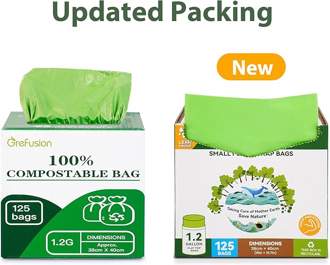 Compostable Bags for Kitchen Compost Bin, 1.2 Gallon, 125 Count, Certified by BPI and ASTM, Leakproof and Odor Control