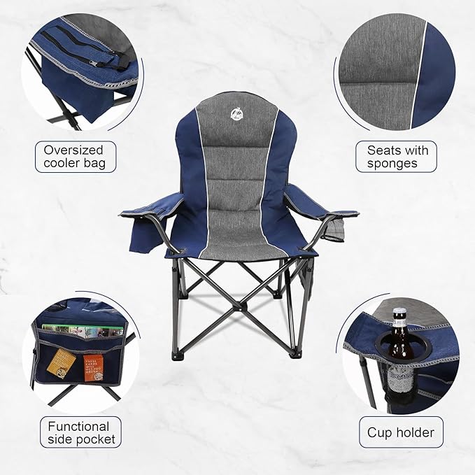 Northroad Oversized Portable Camping Chair, Full Padded Outdoor Folding Chair Support 350 LBS, Heavy Duty Lawn Chair with Cup Holder, Cooler Bag, Lumbar Support, Head Pocket for Adult-Blue