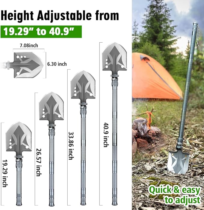 ZENHOSIT Multifunctional Folding Tactical Shovel Hatchet Combo - With Axe, Flashlight, Extension Handles - For Camping, Cycling, Hiking - 19.3-40.9 Inches