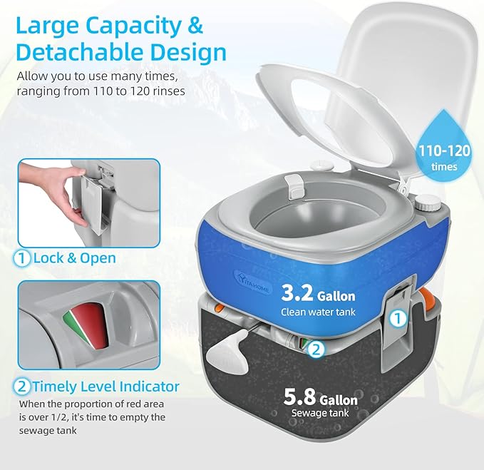 YITAHOME Portable Toilet Camping Porta Potty 5.8 Gallon with Carry Bag and Hand Sprayer, Leak-Proof Indoor Outdoor Toilet with Level Indicator, Handle Pump, for RV Travel, Boat and Trips