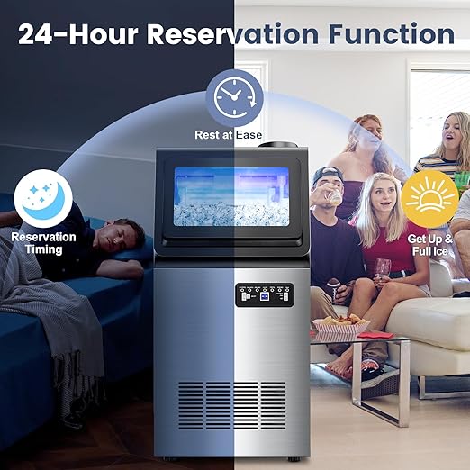 Commercial Ice Maker Machine 140LBS/24H, Dual Water Inlet Options, Freestanding Under Counter Ice Maker Smart LCD, Self-Cleaning, Quiet for Home, Bar, Restaurant, Support 5-Gallon Bottle Water