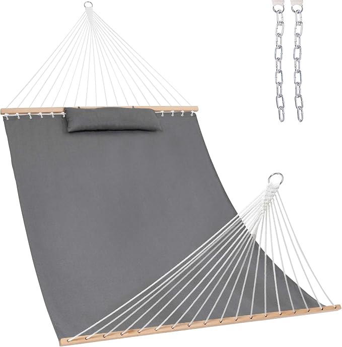 Lazy Daze 12 FT Sunbrella Fabric Hammock not Fading with Spreader Bars and Free Pillow Fits for Two Persons, All Weather and Fade Resistant for Patio Yard, 450 lbs Weight Capacity,Cast Slate