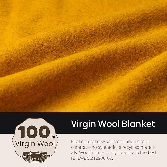 100% Wool Blanket, 62" x 86", Warm, Thick, Washable, Military Wool Blanket, Great for Camping, Outdoors, Sporting Events, Survival Kits, Yellow