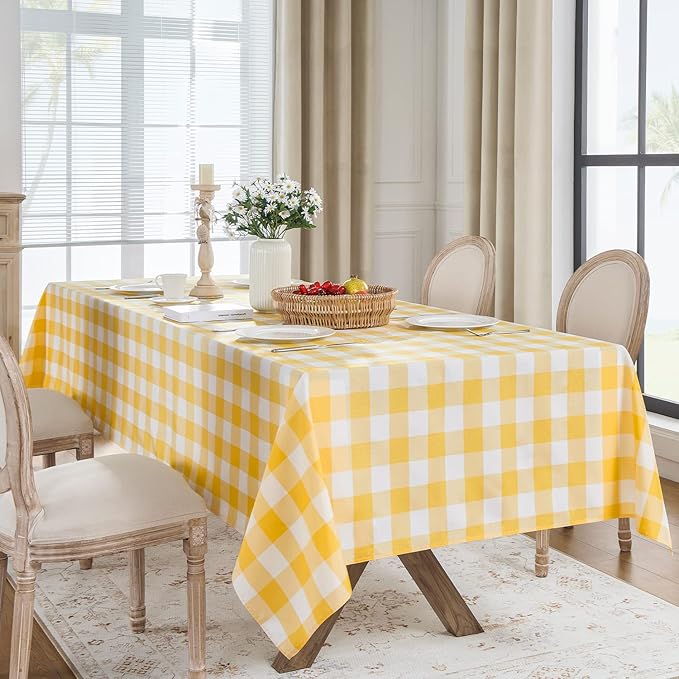 Softalker Gingham Checkered Rectangle Tablecloth - Waterproof Buffalo Plaid Table Cloth Stain Resistant Washable Table Cover for Picnic/Camping/Outdoor - Yellow and White, 60 x 120 Inch