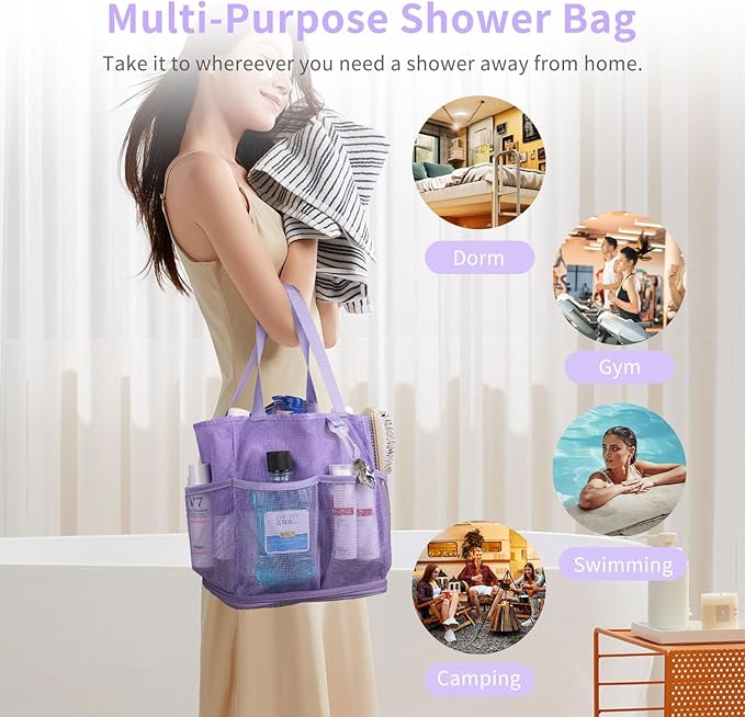 Mesh Shower Caddy Portable for College Dorm Room Essentials, Shower Tote Bag with Hanging Hook and Drawstring, Quick Dry Toiletry Bag with 6 Pockets for Bathroom, Swimming, Gym, Camping, Beach, Travel