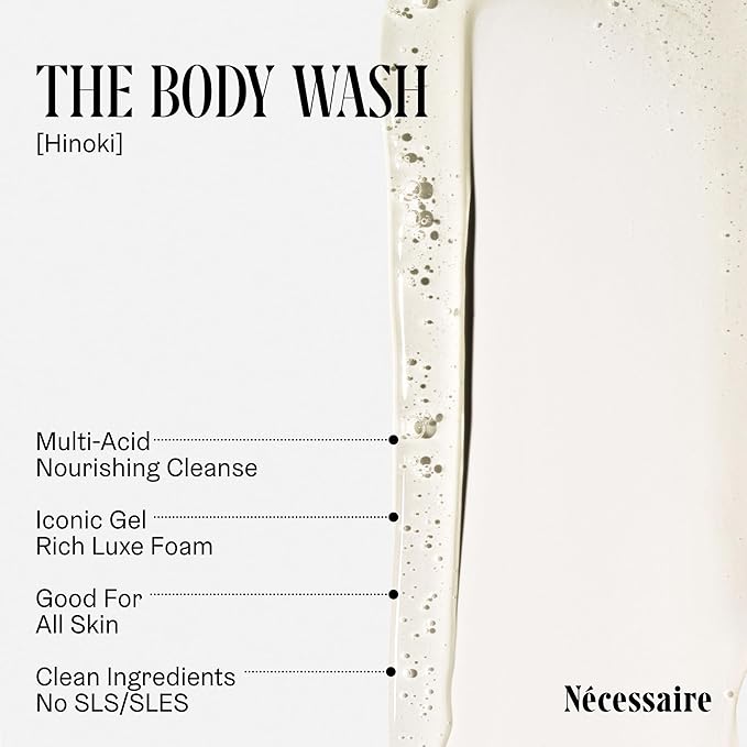Nécessaire The Body Wash Hinoki. Natural Body Wash for Women & Men, Softening Shower Gel with Gentle Exfoliating Acids AHA/BHA/PHA. Gel Cleanse,16.9 fl oz