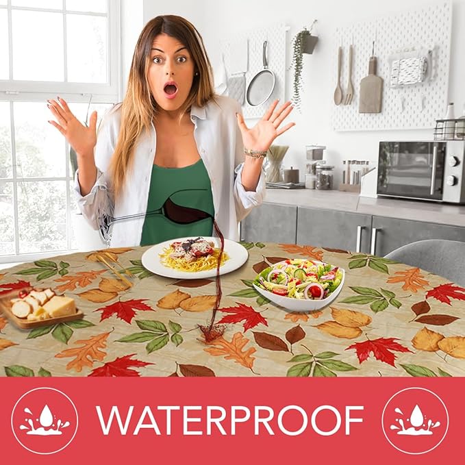 LAMINET Elastic Fitted Table Cover - All-Over Leaves - Small Round - Fits Tables up to 44 Diameter