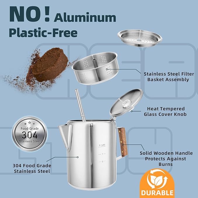 MEREZA Camping Coffee Pot Stovetop Coffee Maker Percolator Campfire Coffee Pot Stainless Steel Coffee Pot Camping Outdoors Home 9 Cup No Aluminum & Plastic Fast Brew