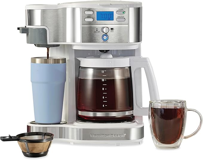 Hamilton Beach 49933 2-Way 12 Cup Programmable Drip Coffee Maker & Single Serve Machine, Glass Carafe, Auto Pause and Pour, White