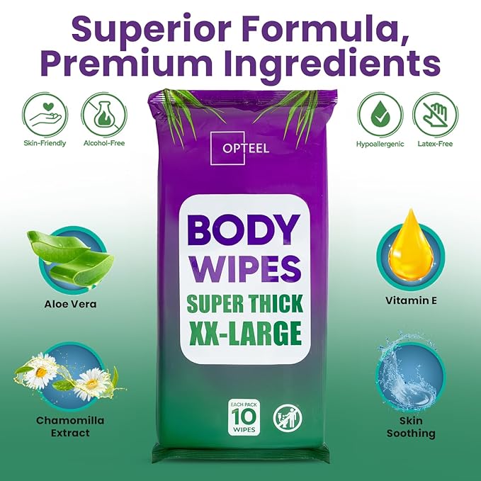 Thick & Large Body Wipes for Adults Bathing No Rinse – Shower Wipe, Ideal for Men, Women & Elderly – Soft & Gentle, Travel Wipes Perfect Alternative to Shower – 8 Packs (80ct)