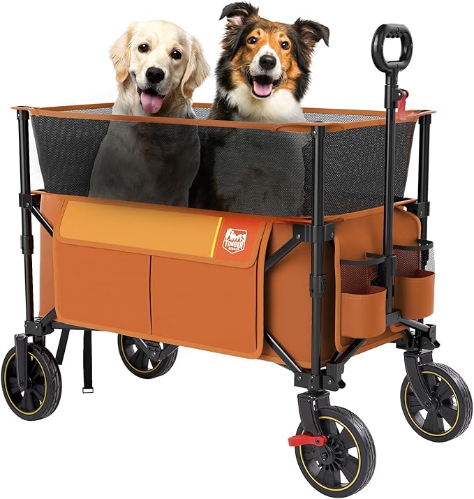 TIMBER RIDGE 350L Extra Large Collapsible Folding Wagon Carts with Brake, Heavy Duty Outdoor Camping Utility Wagons with Extended Height, Adjustable Handle, Cup Holders, Side Bag(Orange)