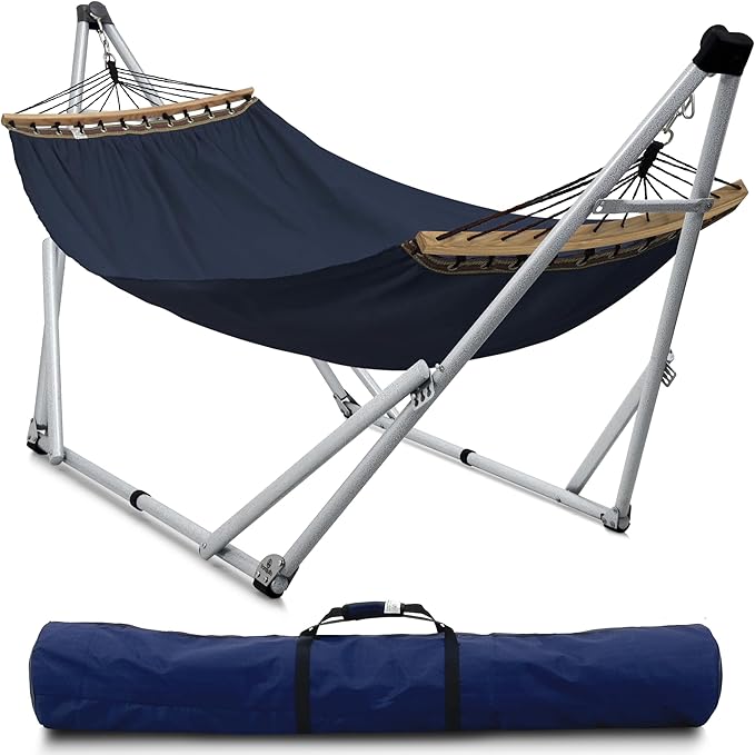 Tranquillo Ultimate Relaxation Portable Hammock Stand, Foldable Hammock Stand with Canvas Hammock, Spreader Bar, Quick Fold Unfold in 30 Seconds Steel Frame Hammock 600 lbs Capacity, White/Navy