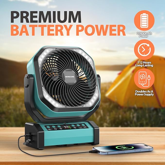 MORECORE 20000mAh Rechargeable Camping Fan with Light, 112HRS Running, 8-Speed, Auto Oscillating, Timer, LED Digital Display, 270°Pivot with Hook for Tent RV Emergency Garage-Blue