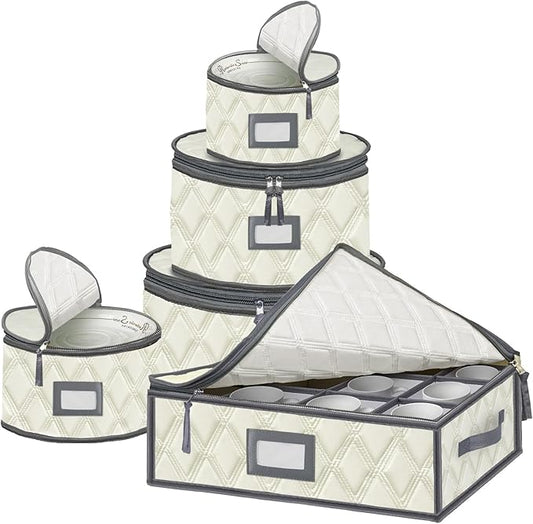 VERONLY 5 Pack China Storage Containers Set (Beige) - Sturdy Quilted Wine Glass & Dish Storage with Dividers - Compact Size