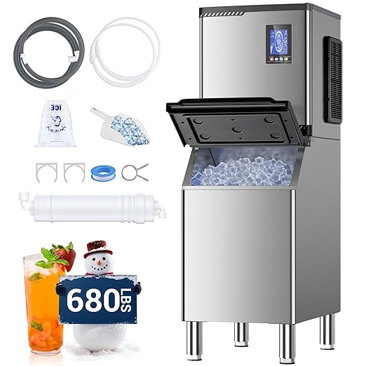 Commercial Ice Maker Machine 680Lbs/24H – Nugget Ice, 12 Adjustable Thickness Settings, 650Lbs Storage, Ideal for Restaurant, Bar, Hotel, Cafe (680lbs)