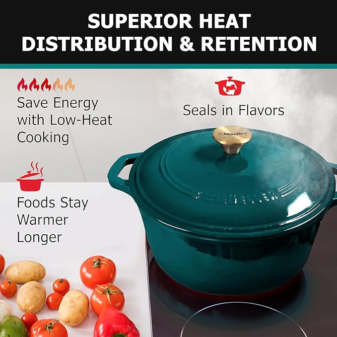 MÜELLERHOME 4.5 QT Enameled Cast Iron Dutch Oven, Heavy-Duty Casserole Dish and Braiser Pan with Lid, Oven-Safe up to 500° F & Across All Cooktops, Housewarming Gifts New Home, Emerald