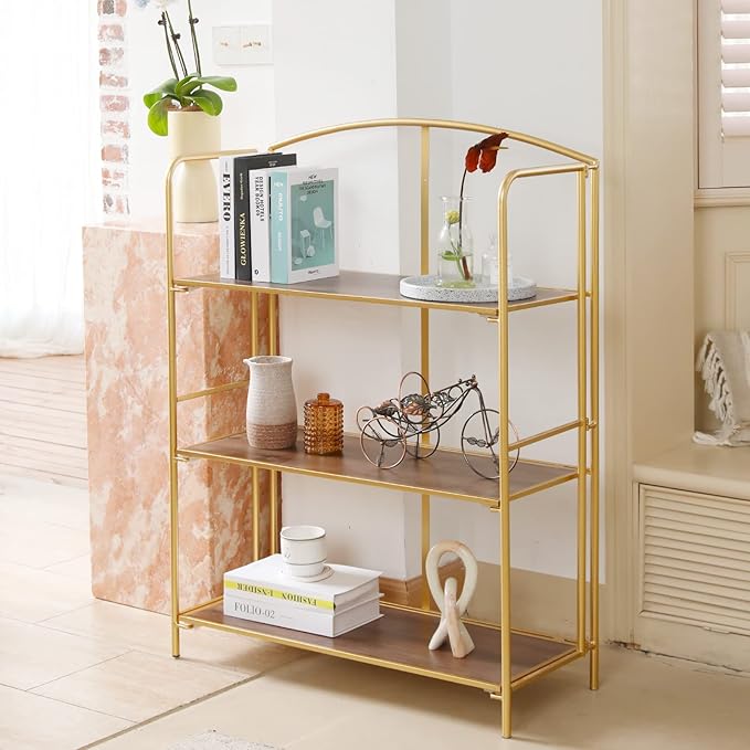 Crofy No Assembly Folding Bookshelf for Living Room, 3 Tier Gold Collapsible Book Shelf for Home Office, Portable Bookcase Storage Organizer