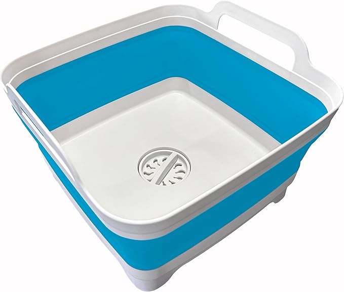 9L (2.4Gallon) Dish Basin Collapsible with Drain Plug Carry Handles , Space Saveing Kitchen Storage Tray Dish Wash Basin, Portable Dish Tub for Camping ,RV,Blue