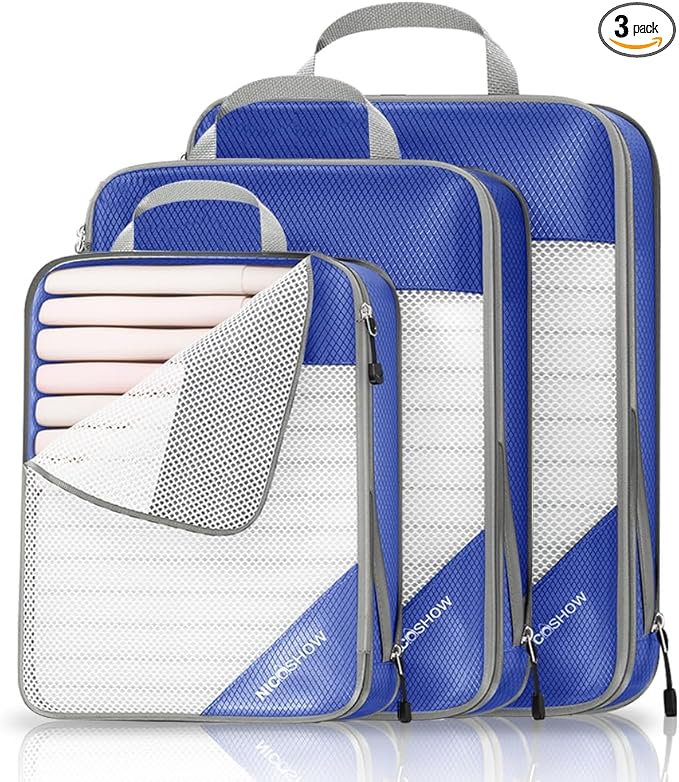 Compression Packing Cubes 3 Set, Compressible Space-Saving Packing Cubes for Travel - Compression Bags, Luggage Organizer, Travel Essentials for Women, Royal Blue
