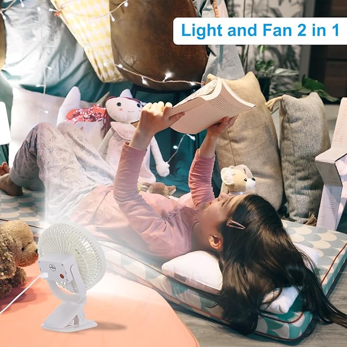 PATIKIL Portable Desk Fan, Camping Fan 6 Inch with LED light 3 Speeds Strong Airflow Sturdy Clip Quiet USB Cord Powered for Tent Camping, Home and Office, White