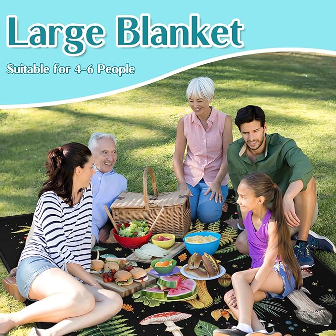Mushroom Picnic Blankets Waterproof Foldable, 60″X80″Thick Three Layer Picnic Mat Outdoor Blanket for Grass,Cute Beach Blanket Sandproof Picnic Accessories for Camping Party Park Hiking