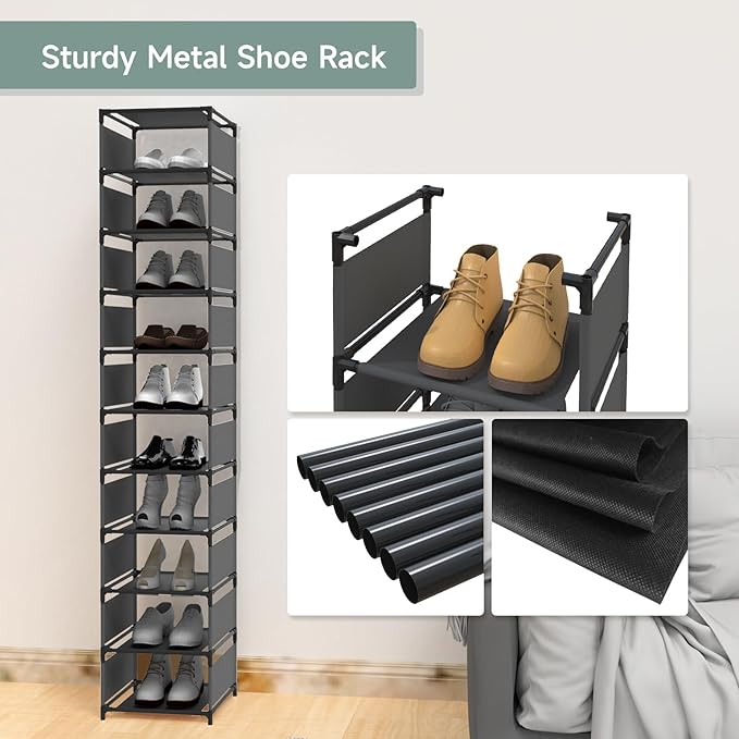 Vertical Narrow Tall Shoe Rack for Front Door Entrance,10 Tiers Sturdy Metal Shoe Rack Organizer for Closet Entryway, Storage Shelf, Space Saving Stackable Shoe Tower