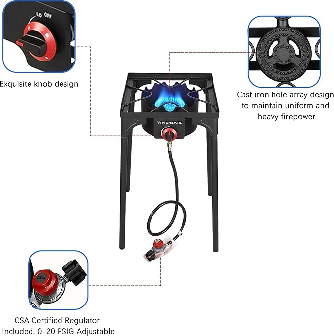 Vivicreate 30000 BTU Propane Gas Stove Outdoor Single Burner Adjustable Height with 20PSI Regulator Heavy Duty Cooker for Patio Camping Garden BBQ Fogon de Gas Estufa de Gas Portatil Parrillas de Gas