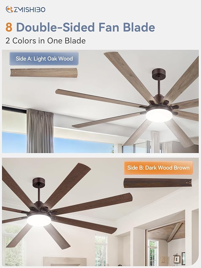 ZMISHIBO 80 Inch Industrial Ceiling Fan, Indoor/Outdoor Ceiling Fans with Large LED Panel, Quiet Reversible DC Motor, 6-Speeds, 3CCT, Brown Farmhouse Ceiling Fan for Patio, Livingroom, Garage