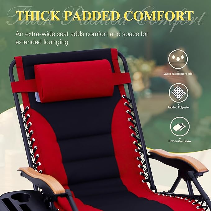 PHI VILLA XXL Oversized Padded Zero Gravity Chair, Foldable Patio Recliner, 30" Wide Seat Anti Gravity Lounger with Cup Holder, Support 400 LBS (Red)