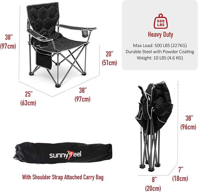 SUNNYFEEL Oversized Folding Camping Chair 500 LBS Heavy Duty Lawn Chairs with Black Portable Folding with Armrest, Cup Holder, Pocket ＆Bag for Outdoor Camping/Beach/Travel/Picnic/Fishing