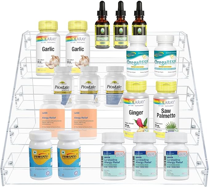 PMMASTO Tiered Spice Rack, Seasoning Organizer, Clear Acrylic Vertical Shelves Can Organizer for Countertop, Cabinet, Pantry, Kitchen Organization and Storage - 5 Tier