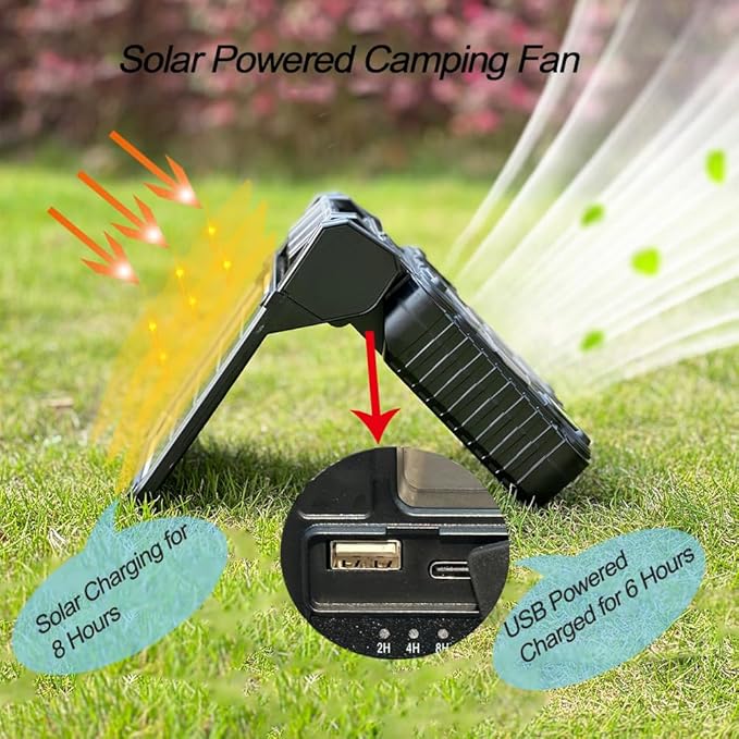 Solar Powered Camping Fan with LED Lantern,10000mAh Rechargeable Battery Operated Portable Fan,4 Speeds/Timer/Power Bank 90° Folding USB Personal Desk Fan (Black&Orange)