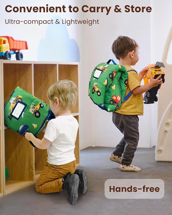 Primlect Toddler Nap Mat with Removable Pillow and Flannel Blanket, Portable Kids Sleeping Bag, Easy to Carry on The Go, Perfect for Daycare, Preschool, Boys and Girls, 12 Months - 6 Years