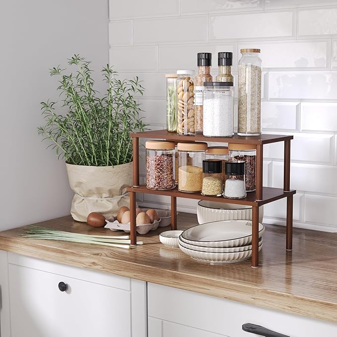 Cabinet Organizer Shelf(Set of 2),Kitchen Counter Shelves,Bamboo Spice Rack Countertop and Cabinet,Stackable Expandable,Large(Brown)