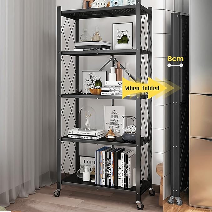 4-Tire Storage Rack, 28 * 13 * 50in Foldable Metal Garage Storage Shelves Organizer, Portable Metal Kitchen Shelving, Closet Shelving Unit Bakers Rack Microwave Stand, White(Tiered Shelf-4)