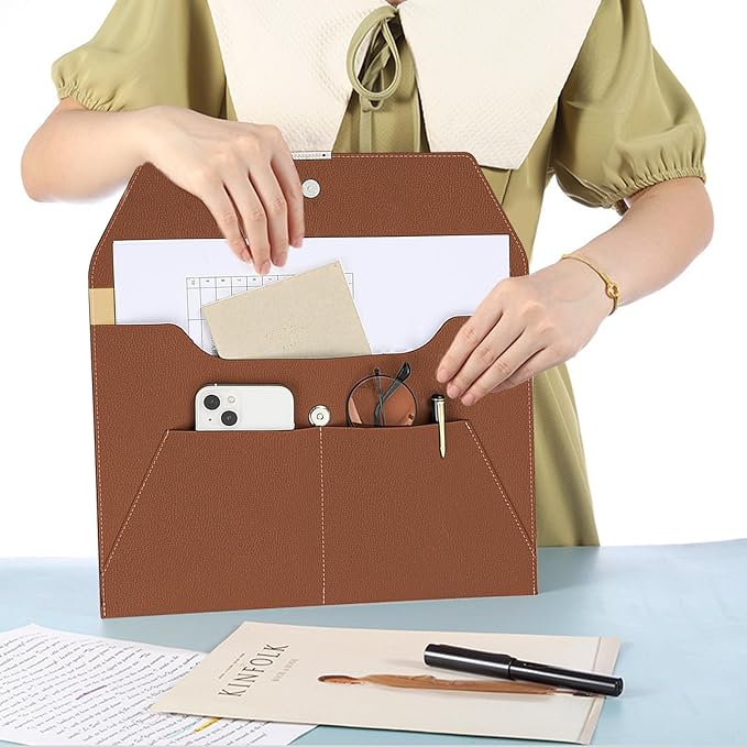 VANRA File Folder Document Holder Organizer Waterproof Portfolio Leather Folder Case with 3 Pockets, Filing Envelopes for A4 Letter Size Paper with Snap Magnetic Button Closure (Brown)