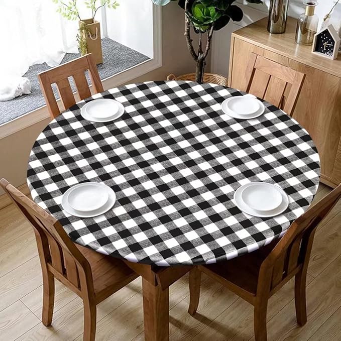 Fitable Vinyl Round Elastic Tablecloth with Flannel Backing - Waterproof Plaid Picnic Table Cover for Indoor Outdoor, Black and White (Fit for 57"-68" Round Tables)