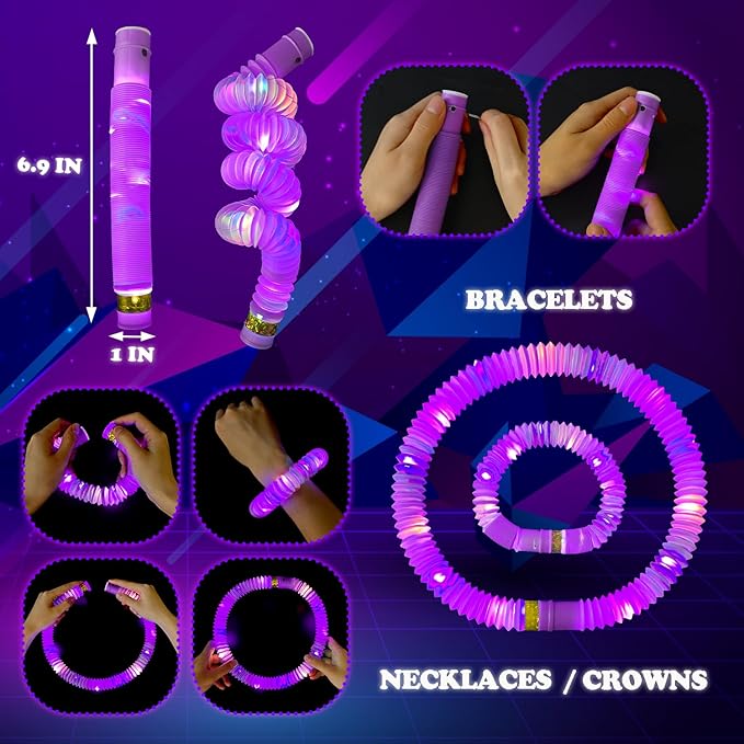 Purple Glow Sticks Party Favors for Kids 24 PCS,LED Light up Pop Tubes for Toddlers, Neon Necklaces Bracelets Accessories, Glow Birthday Wedding Dance Party Supplies Camping Toys Decorations