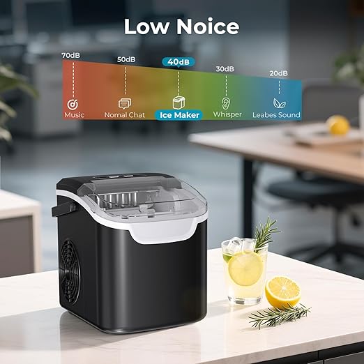 Countertop Ice Maker with Handle, 26.5lbs in 24Hrs with 2 Sizes, 8 Ice Cubes Ready in 6 Mins, Auto-Cleaning Small Portable Ice Maker with Basket and Scoop for Home/Office/Kitchen/Camping/RV, Black
