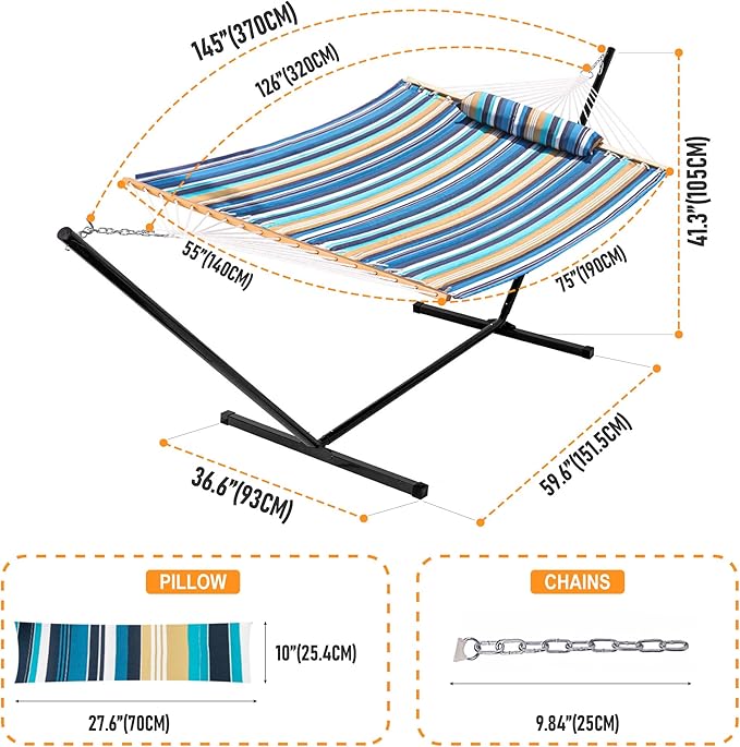 Lazy Daze Quilted Fabric Hammock with 12-Foot Stand, Double 2-Person Hammock with Pillow for Outdoor Outside Patio, Garden, Backyard, 450LB Capacity, Beach