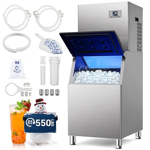Commercial Ice Maker Machine 550Lbs/24H – 12 Adjustable Thickness Settings, 400Lbs Storage, Ideal for Restaurant, Bar, Hotel, Cafe