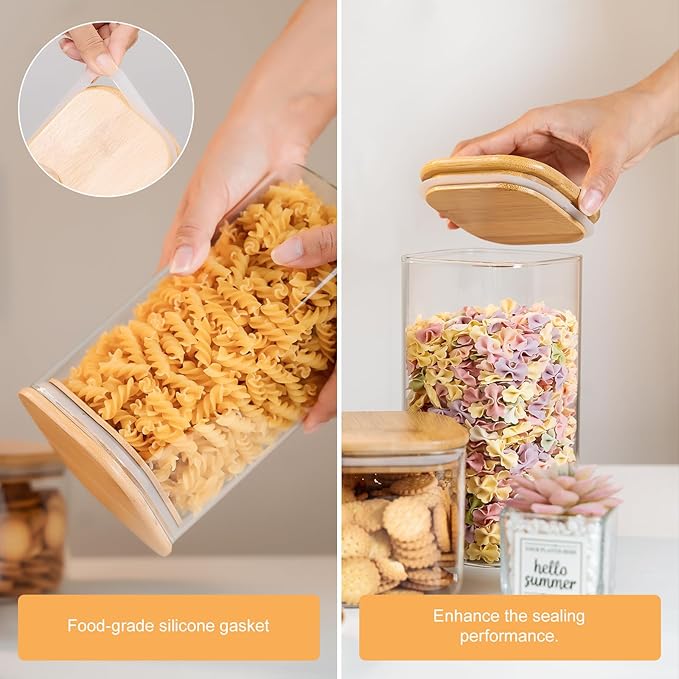 Glass Storage Jars 6 Pack -50oz (10cmx20cm)Clear Glass Food Storage Containers with Airtight Bamboo Lid Stackable Kitchen Canisters for Candy,Cookie,Rice,Sugar,Flour,Pasta,Nuts and Spice Jars(Square)
