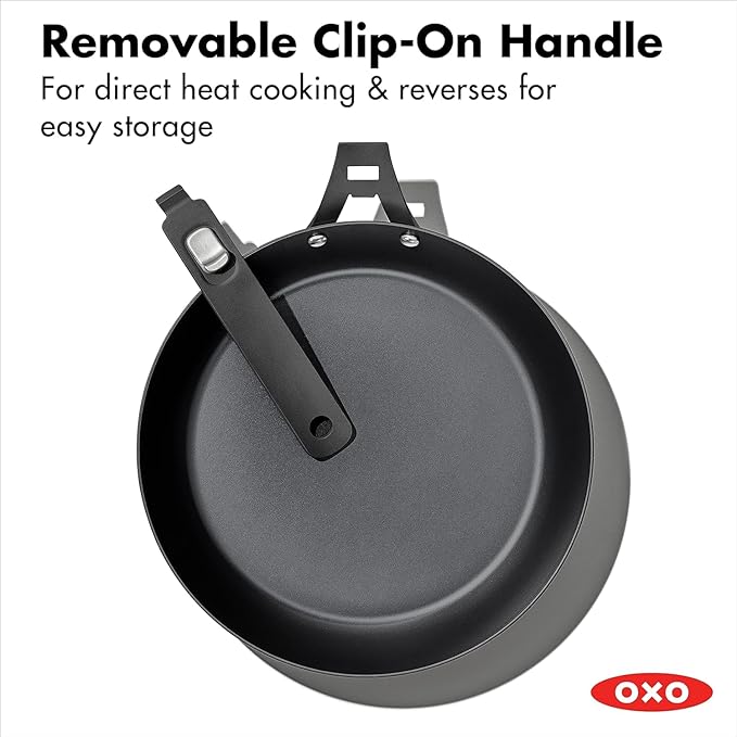 OXO Outdoor Pre-Seasoned Carbon Steel 10" Frying Pan Skillet, Detachable Handle for Easy Storage, Indoor Use, Nonstick with Use, Induction Suitable,Oven & Broiler Safe,Browning, Grill,Sear,Saute,Black