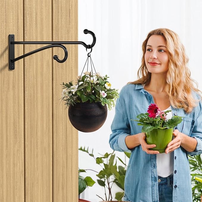 10" Plant Hanger Hook Outdoor Indoor ??Planter Hooks for Hanging Plants, Plant Wall Hooks, Brackets for Hanging Plants, Baskets, Wind Chimes, Bird Feeders, Lanterns, Bird Houses (Black, Metal, 2-Pack)