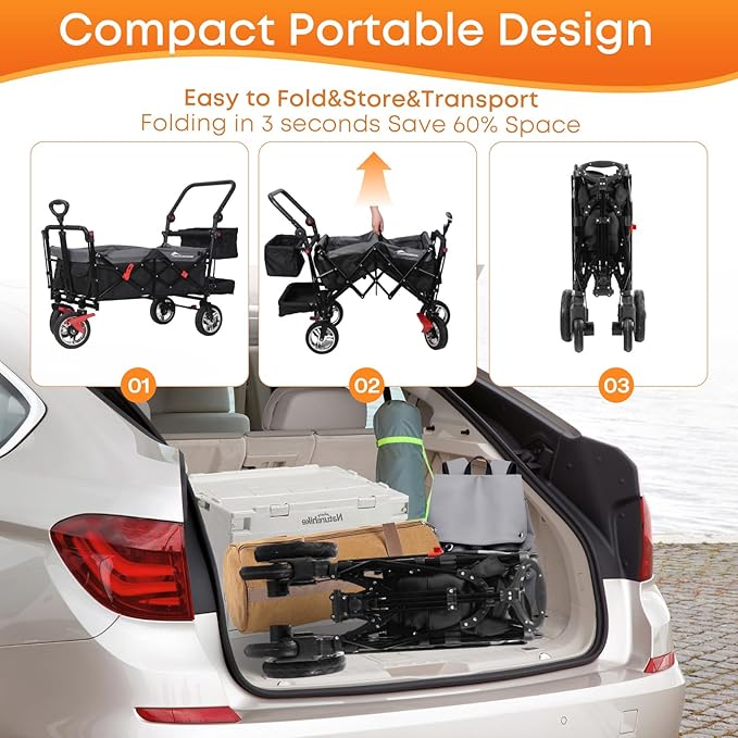 Wagon Cart with Removable Canopy,Collapsible Foldable Wagon, Heavy Duty Utility Outdoor Foldable Garden Cart with Wheels, Adjustable Handle, Outdoor Utility Wagon, Black